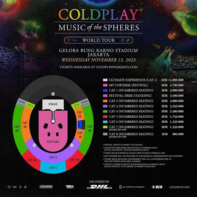 Harga tiket Coldplay Jakarta 2023 dan lokasi per kategori-min