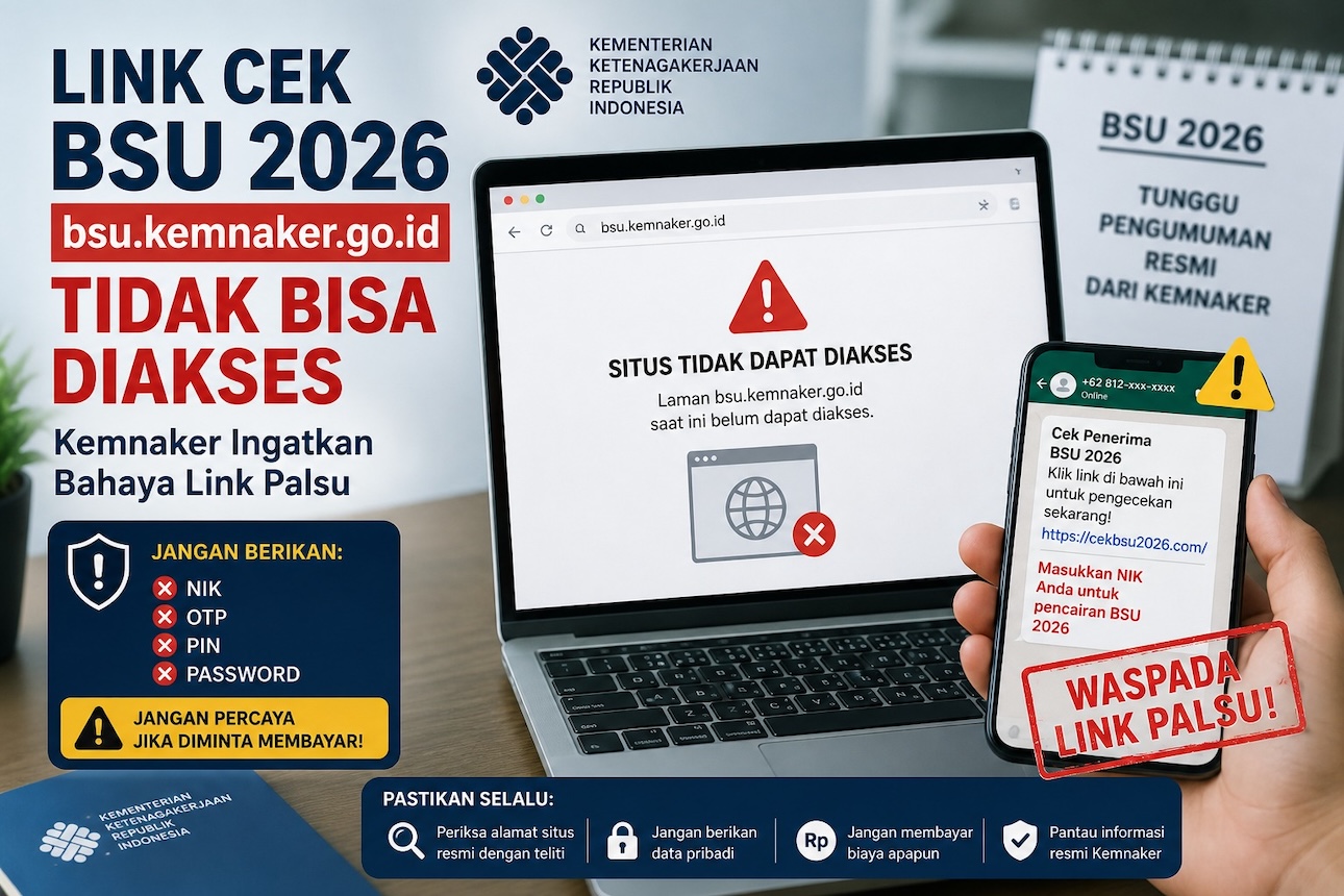 Link Cek BSU 2026 bsu.kemnaker.go.id Tidak Bisa Diakses, Kemnaker Ingatkan Bahaya Link Palsu 1 Cek BSU 2026 melalui bsu.kemnaker.go.id yang belum bisa diakses. Kemnaker mengingatkan masyarakat agar waspada terhadap link palsu yang berpotensi penipuan.